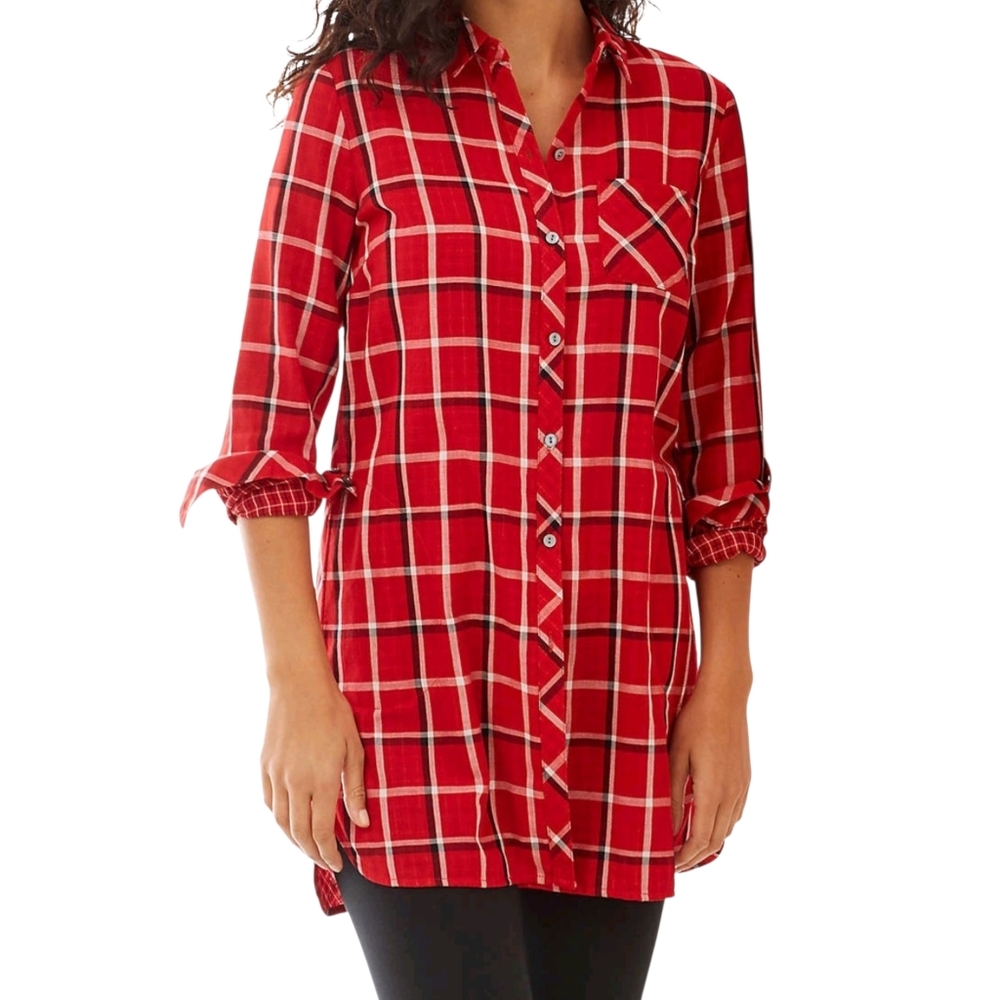 J. Jill | Perfect Plaid Double Cloth Button Front Tunic Top Cotton Red Black